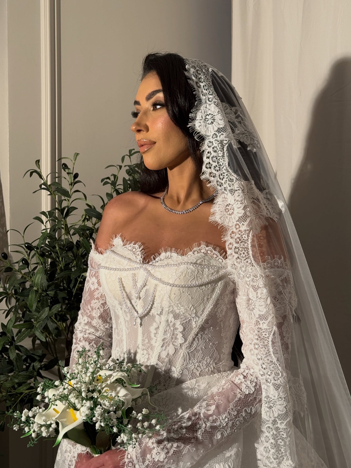 Off-Shoulder Lace Long Sleeve Wedding Dress with Train