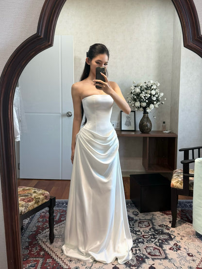 Strapless Satin Sheath Wedding Gown with Ruched Skirt