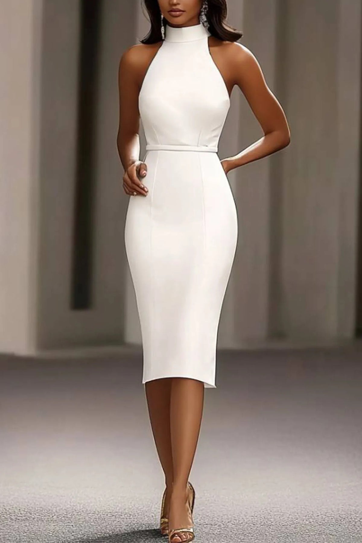 High Neck Halter Midi Sheath Dress
