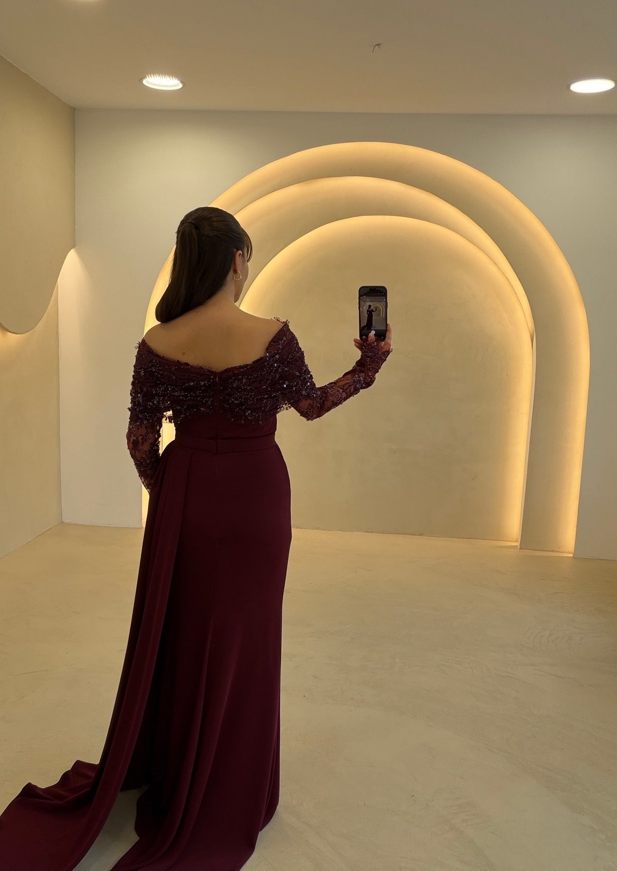Off-Shoulder Long Sleeve Gown with Side Drape