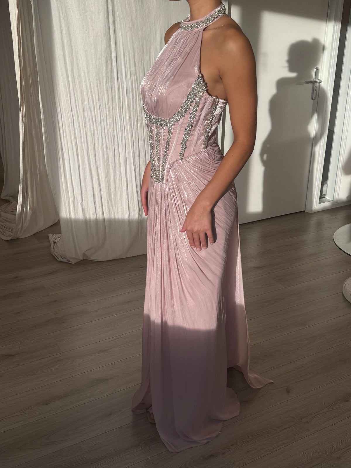 Halter Corset Evening Gown with Beaded Trim