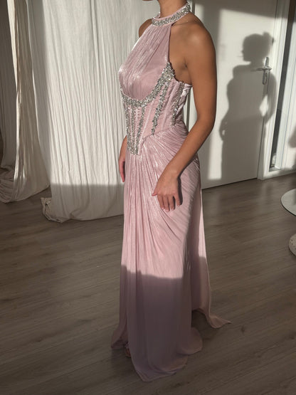 Halter Corset Evening Gown with Beaded Trim