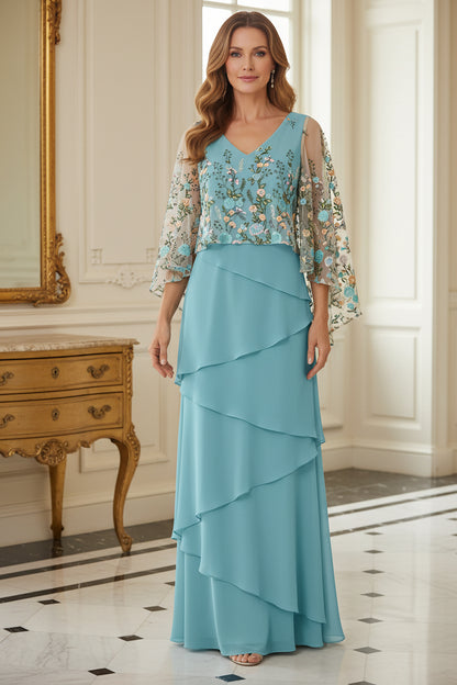 Floral Embroidered Cape-Sleeve Tiered Ruffle Maxi Dress