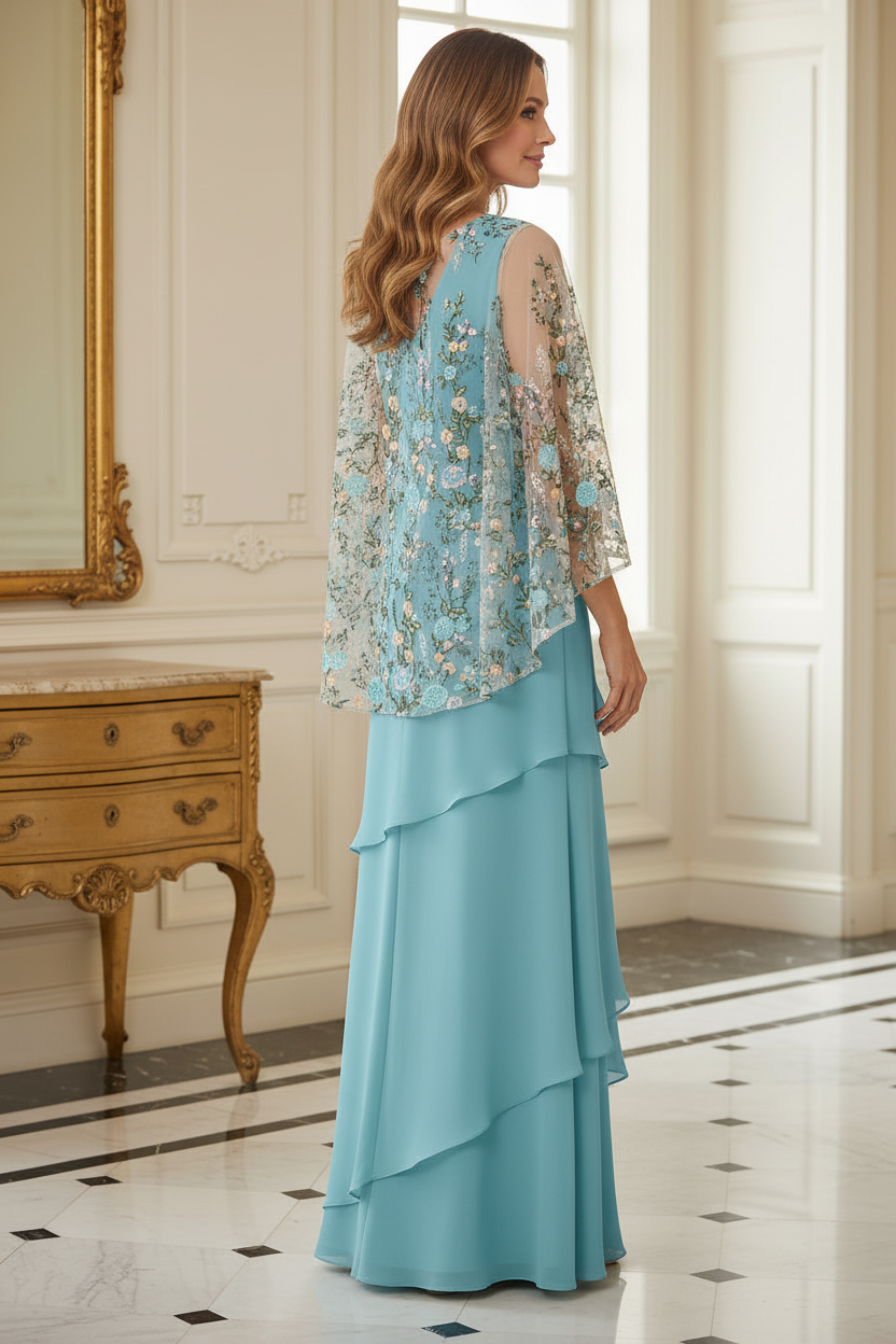 Floral Embroidered Cape-Sleeve Tiered Ruffle Maxi Dress