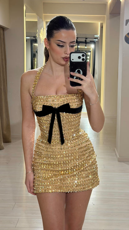 Halter Neck Beaded Corset Mini Dress