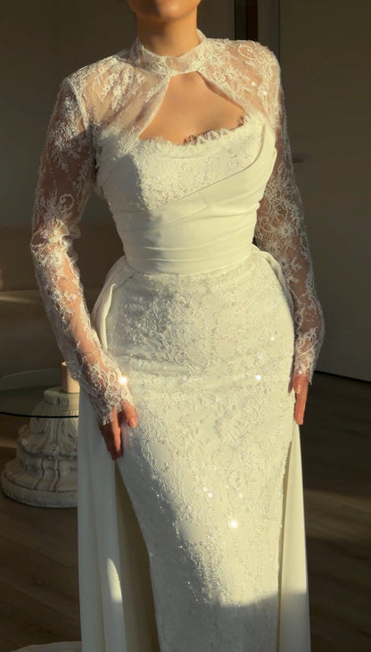 Lace Sheath Gown with Keyhole Neck & Overskirt