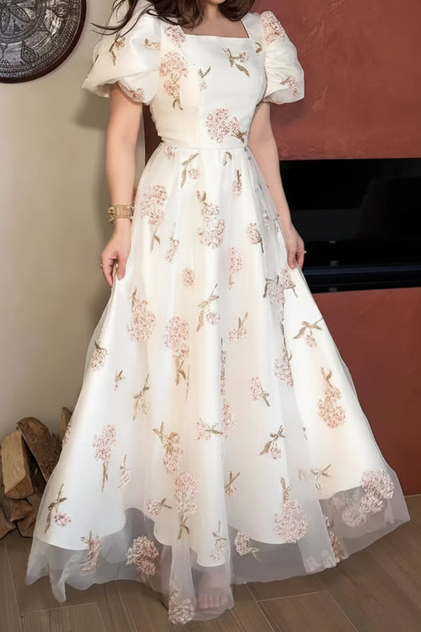 Floral Embroidered Puff Sleeve A-Line Tulle Gown