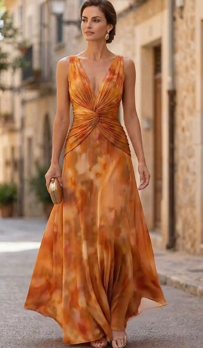 Pleated Twist Bodice Maxi Dress with Abstract Print
