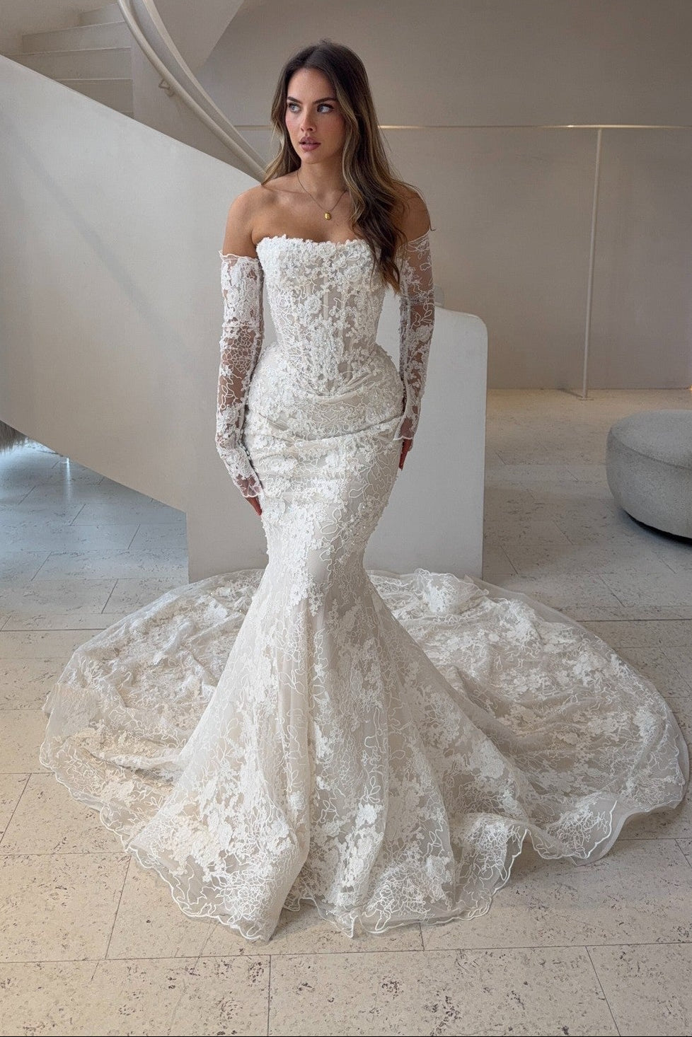 Strapless Lace Mermaid Wedding Dress with Train