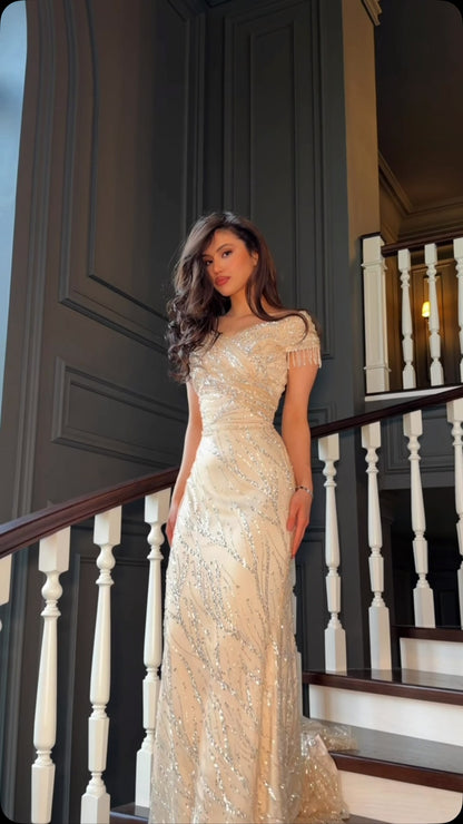 Sequined Off-the-Shoulder Evening Gown with Fringe