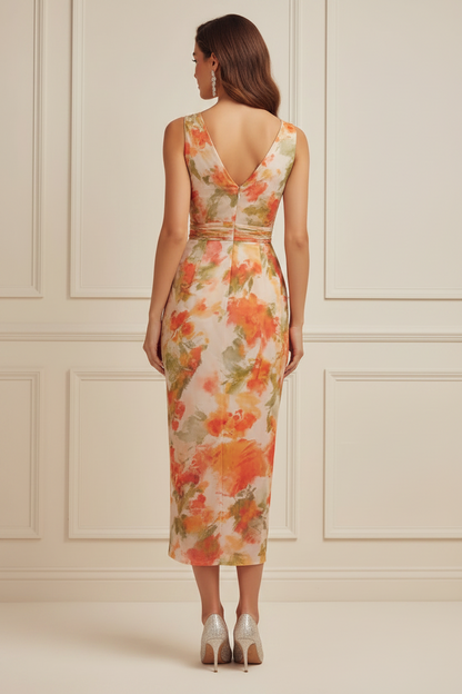 Floral Print Ruched V-Neck Midi Dress