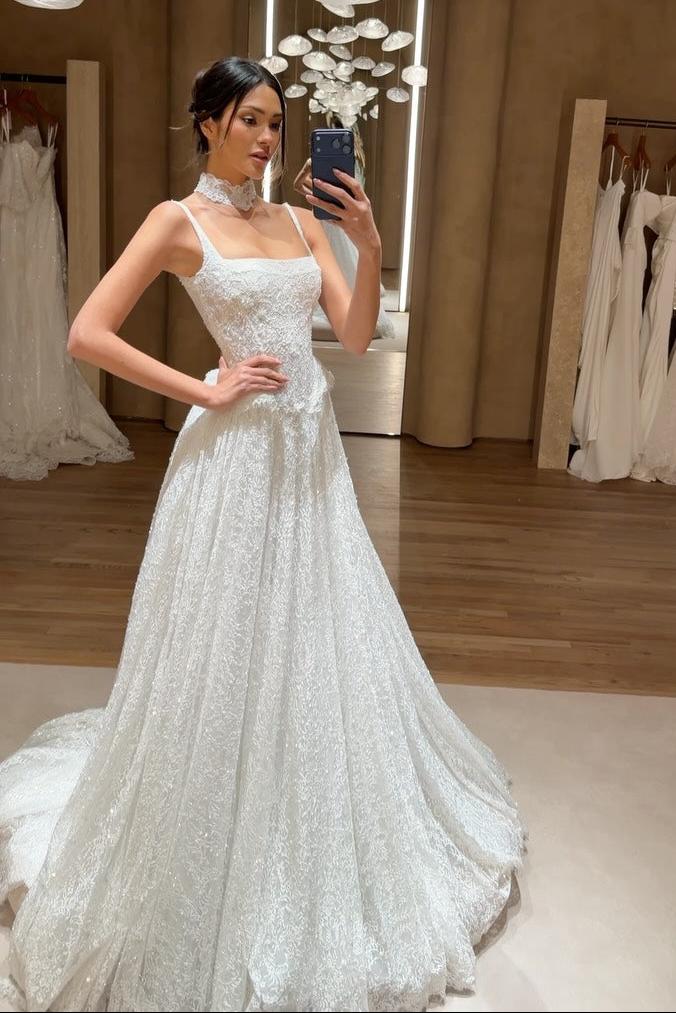 Square Neck Lace A-Line Wedding Dress