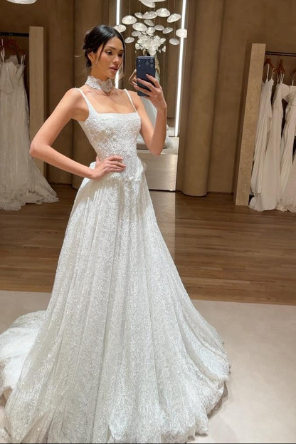 Square Neck Lace A-Line Wedding Dress