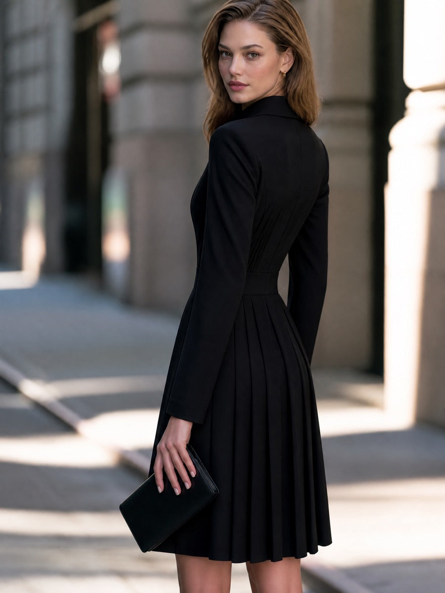 Pleated Pintuck Long Sleeve Shirt Dress