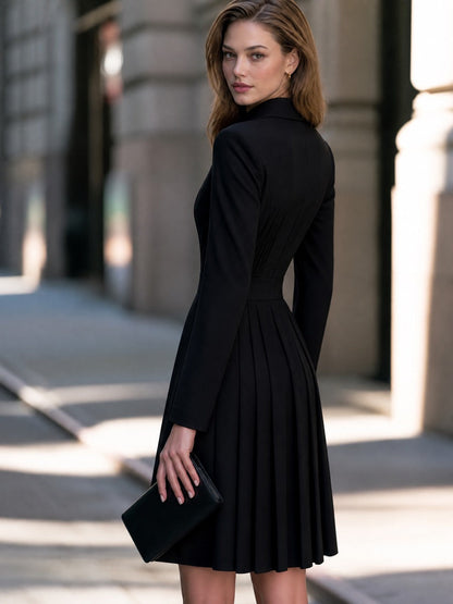 Pleated Pintuck Long Sleeve Shirt Dress
