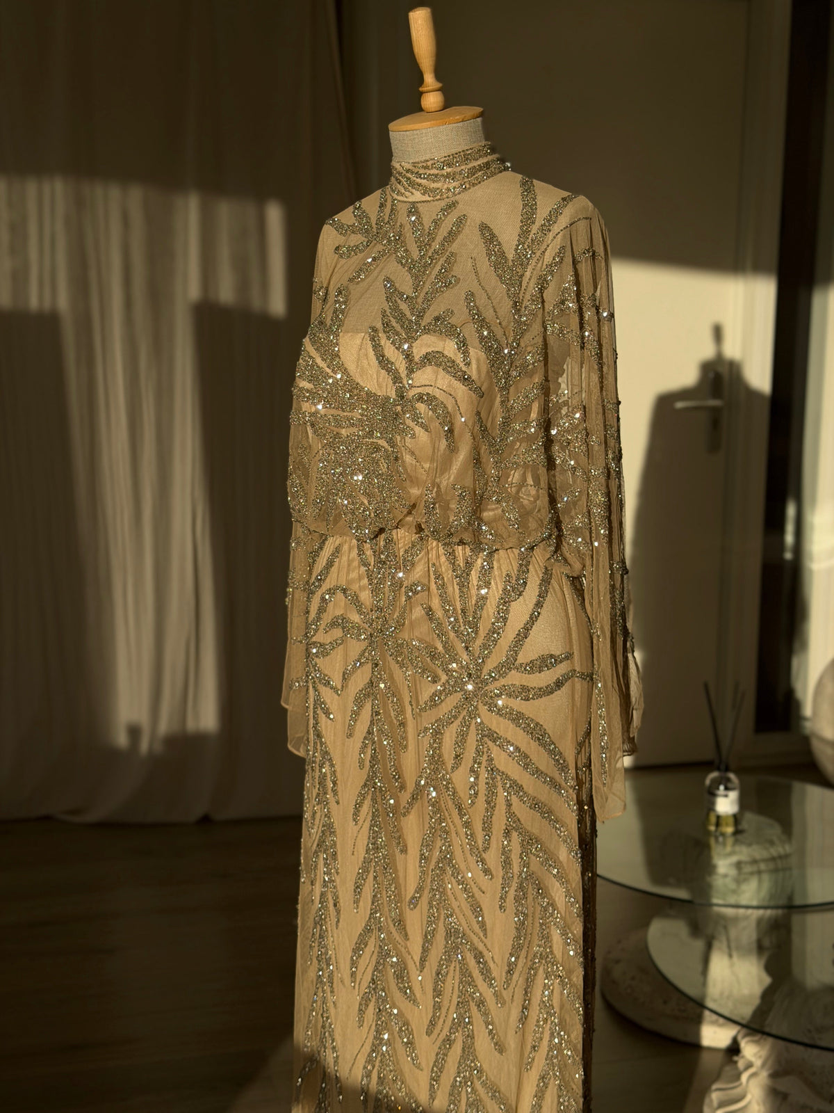 High Neck Sequin Embellished Cape Evening Gown