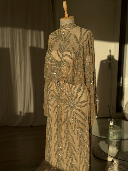 High Neck Sequin Embellished Cape Evening Gown