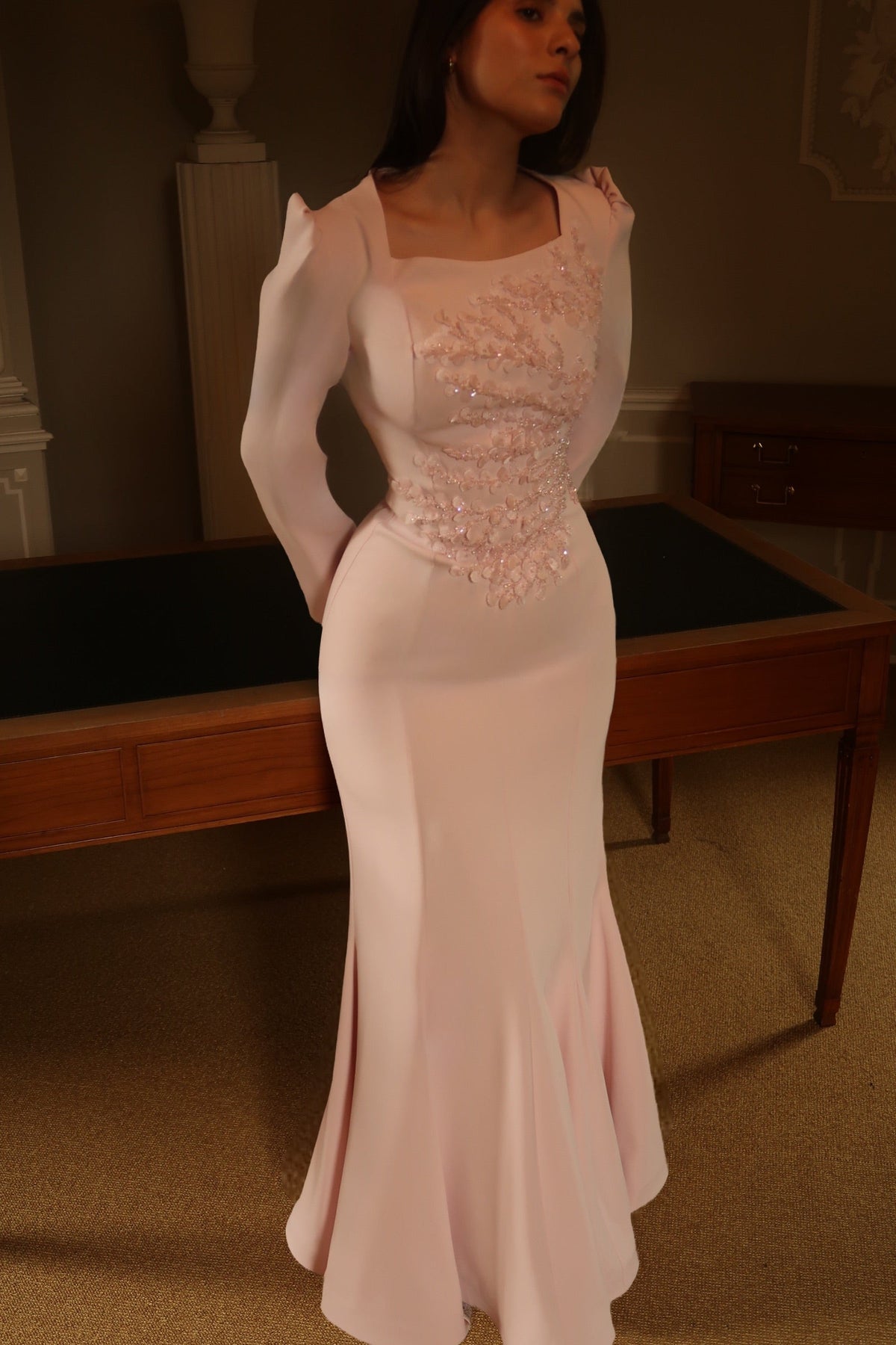 Floral Applique Mermaid Gown with Puff Long Sleeves