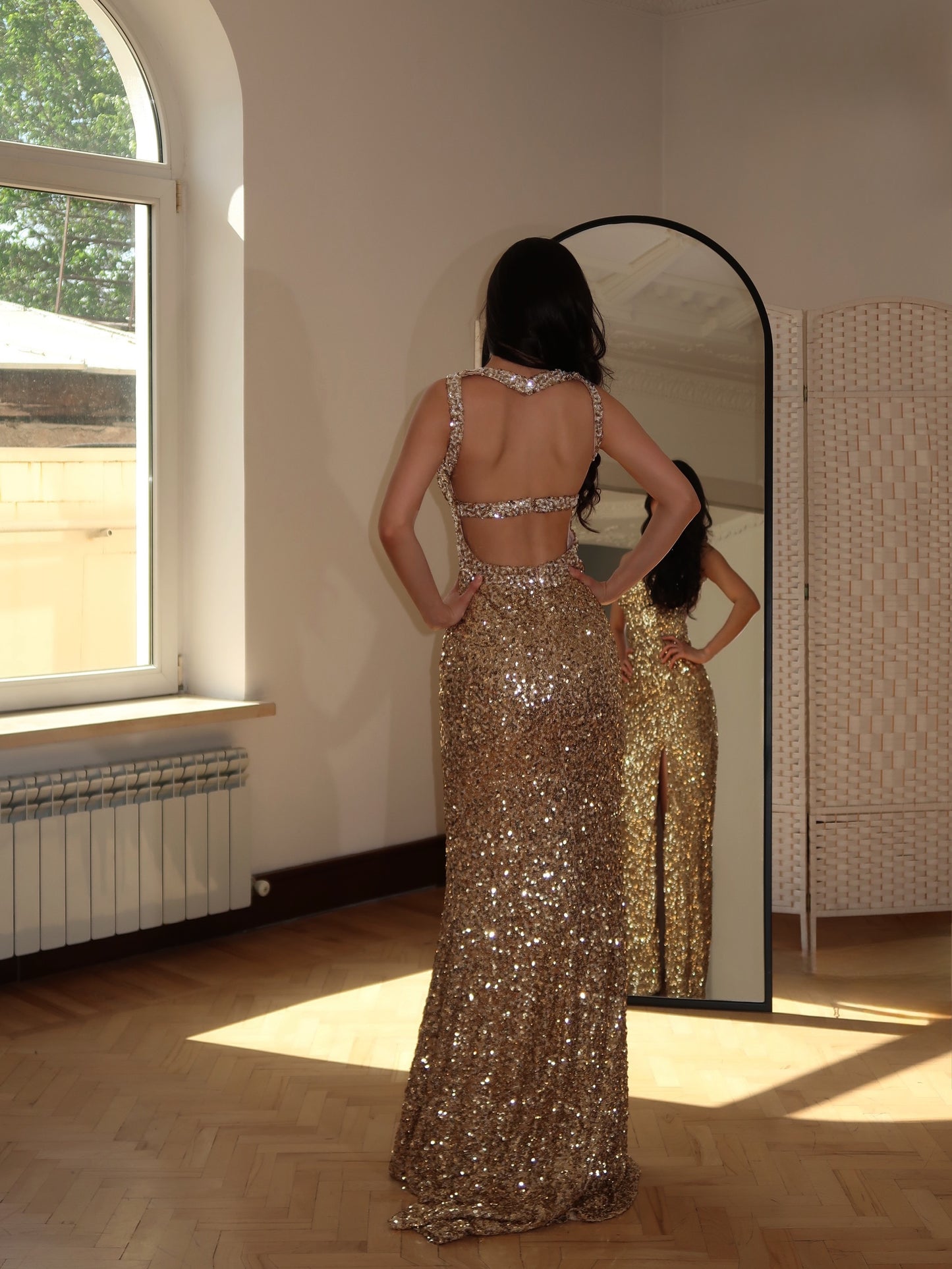Backless Sequin Evening Gown with High Slit