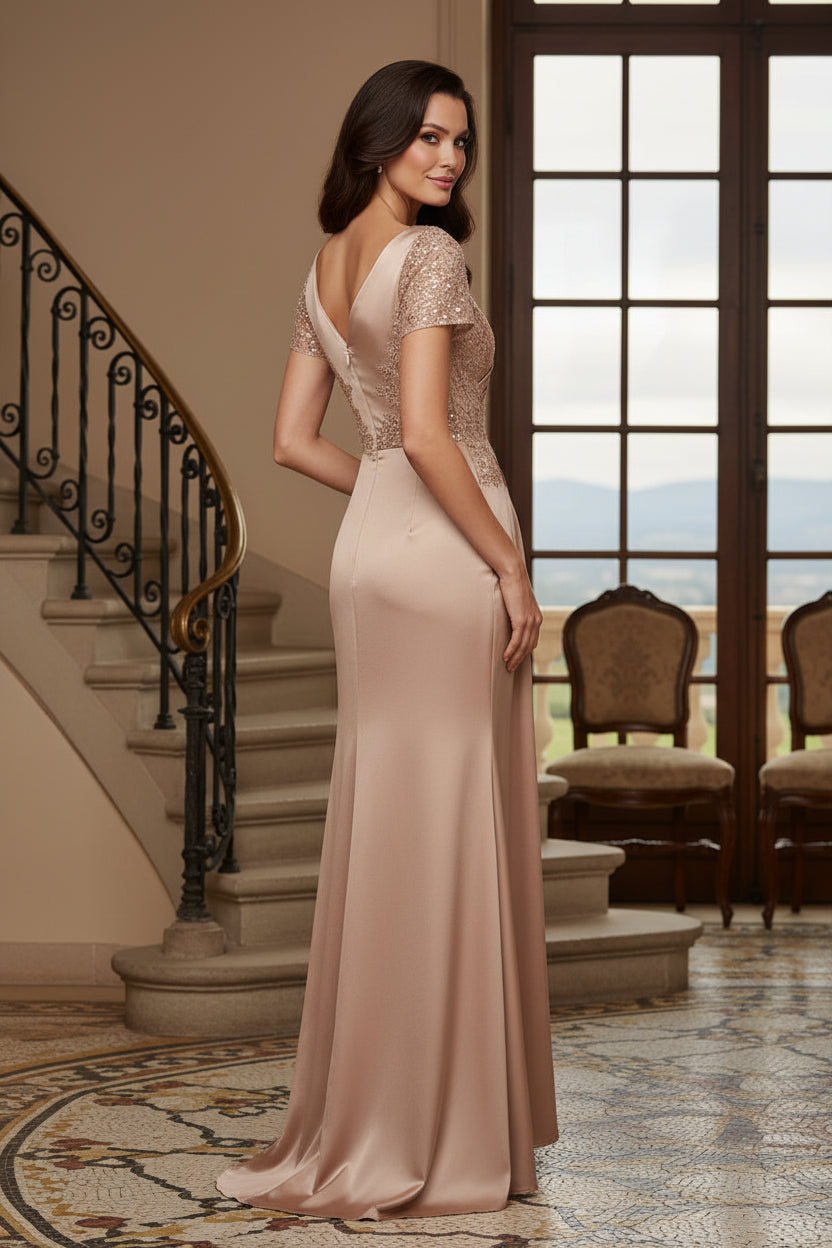 Sequin Lace Satin Sheath Gown with Draped Waist