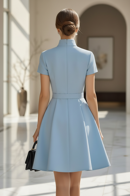 Mock Neck Belted A-Line Mini Dress with Buttons