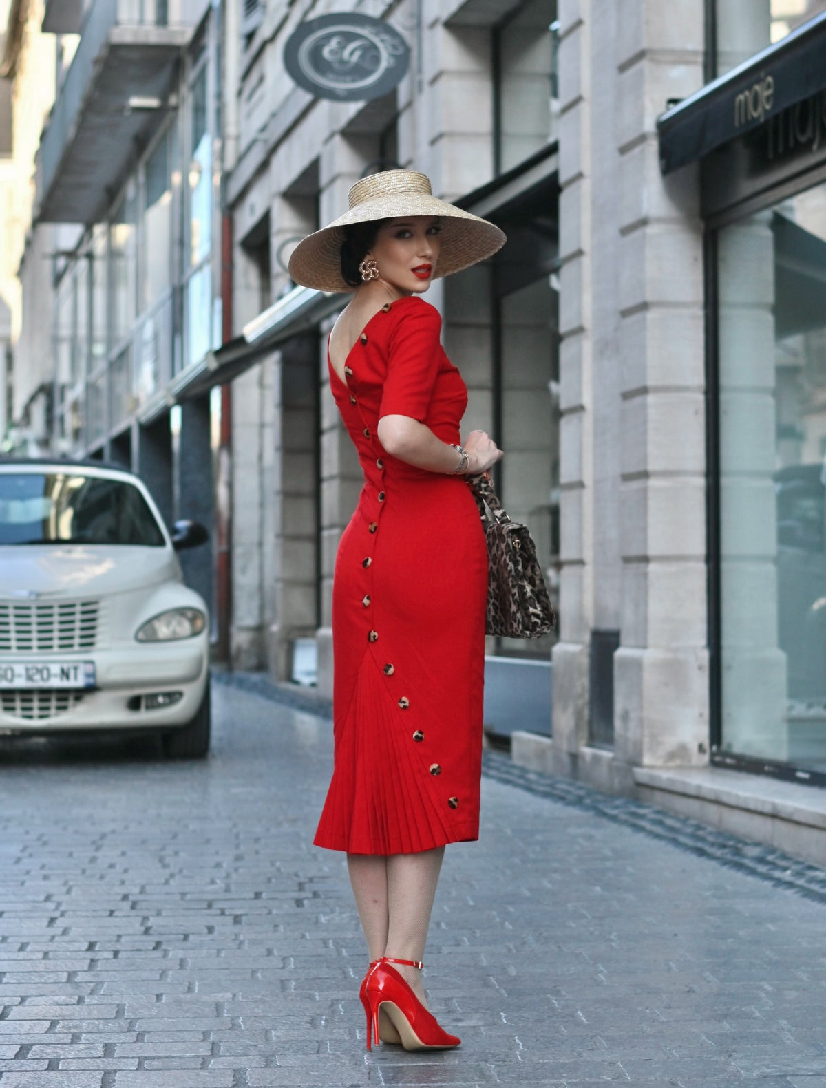Button-Back Midi Sheath Dress with Pleated Hem