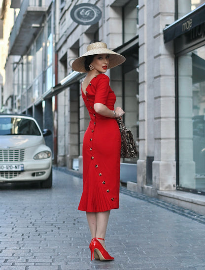 Button-Back Midi Sheath Dress with Pleated Hem