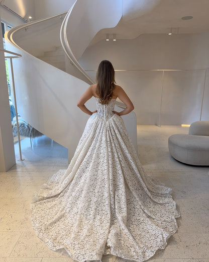Strapless Floral Lace Basque Waist Ball Gown Wedding Dress