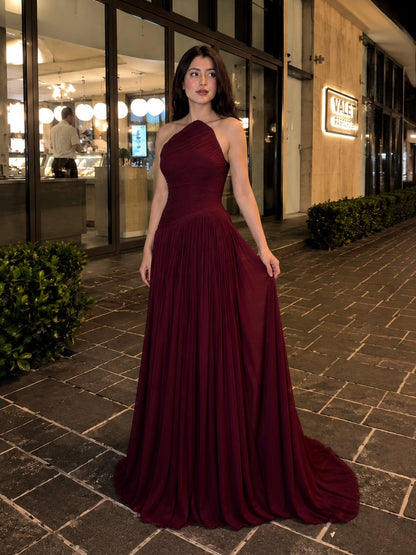 One-Shoulder Pleated Maxi Gown with Train