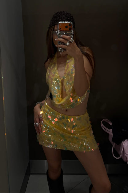 Iridescent Sequin Halter Top and Mini Skirt Set
