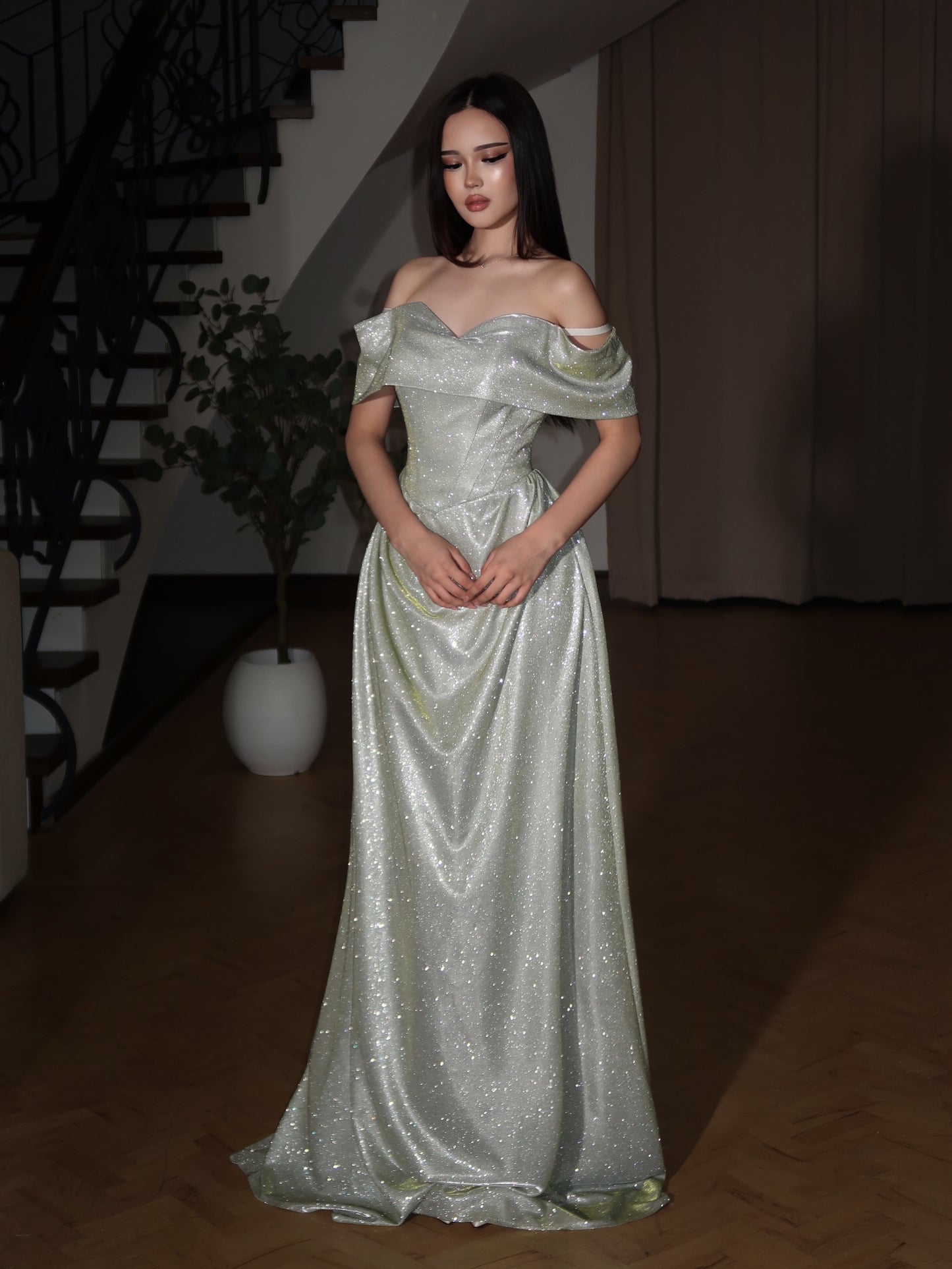 Off-The-Shoulder Corset Glitter Evening Gown