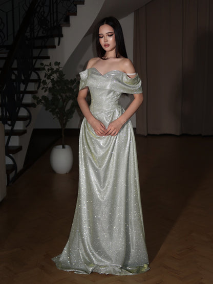 Off-The-Shoulder Corset Glitter Evening Gown