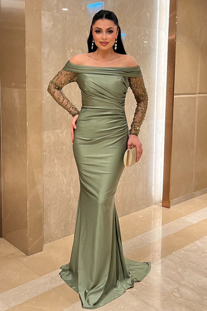 Off-the-Shoulder Ruched Satin Mermaid Gown