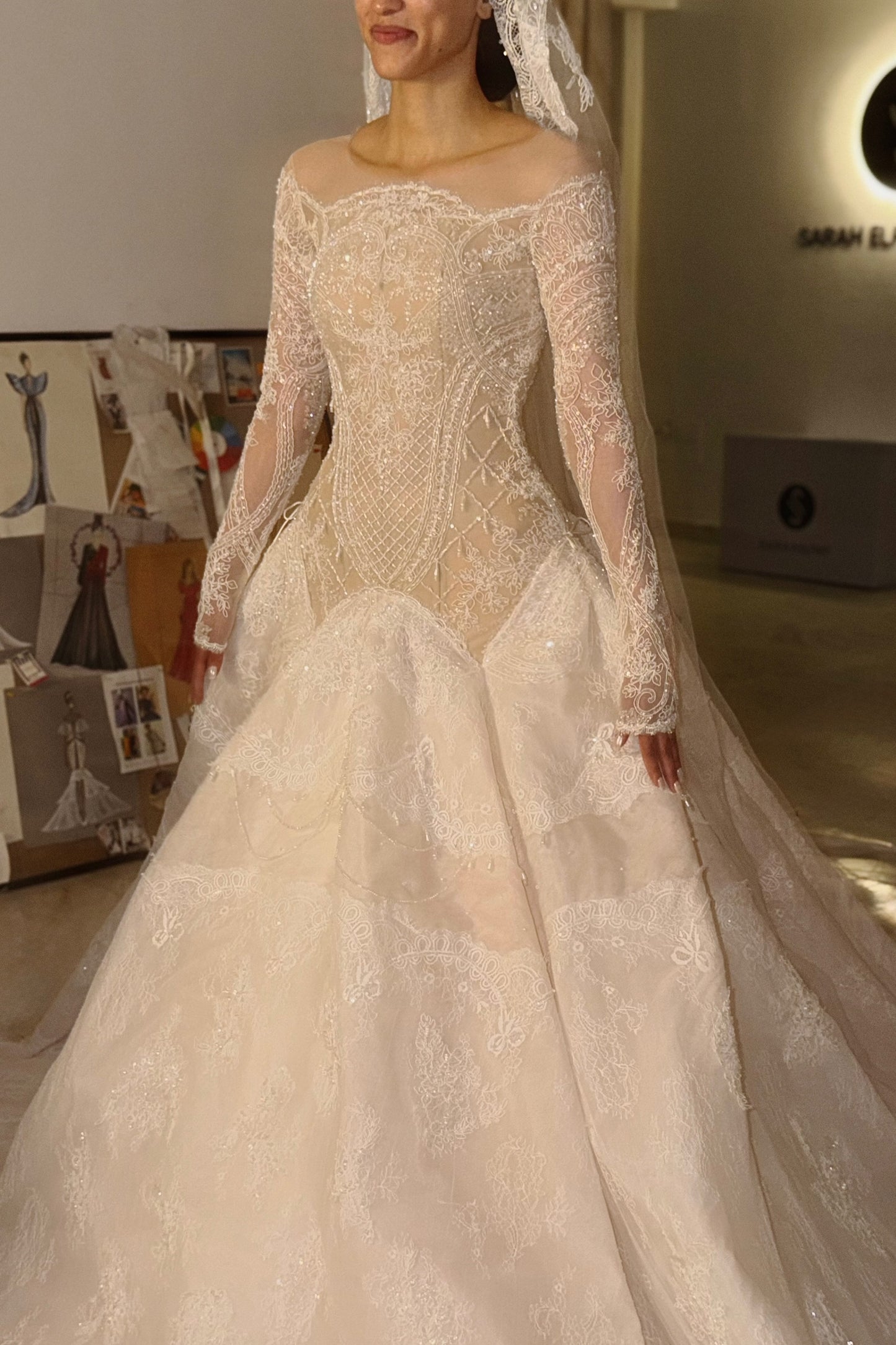 Lace & Beaded Ball Gown Wedding Dress with Sleeves