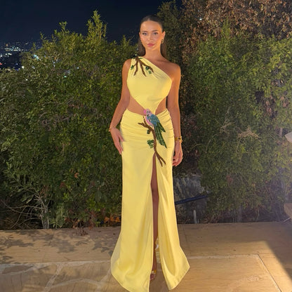 One-Shoulder Cut-Out Slit Gown with Bird Applique