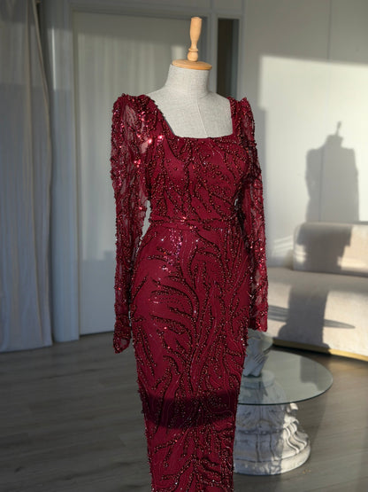 Sequin Swirl Long Sleeve Square Neck Maxi Dress