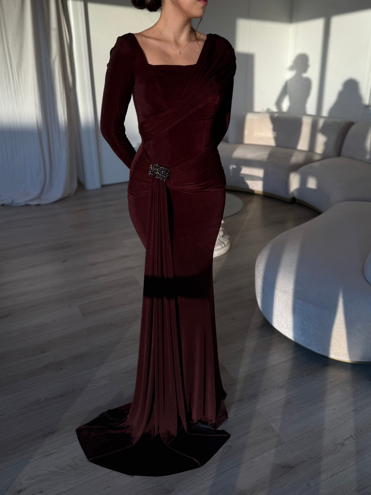 Ruched Long-Sleeve Maxi Dress with Crystal Brooch