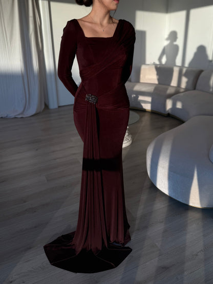 Ruched Long-Sleeve Maxi Dress with Crystal Brooch