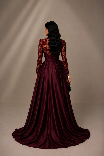 Illusion Lace Long Sleeve Gown with Detachable Overskirt