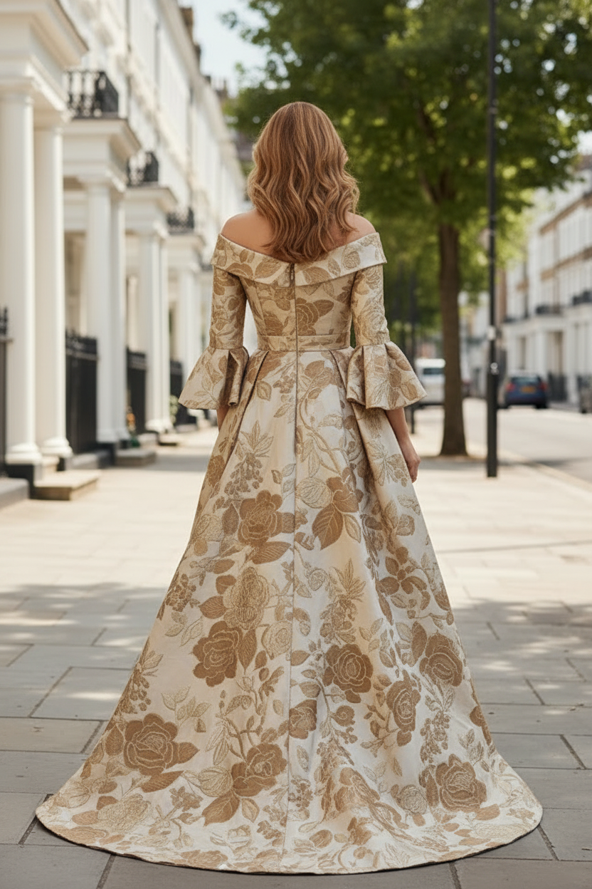 Off-the-Shoulder Jacquard A-Line Evening Gown