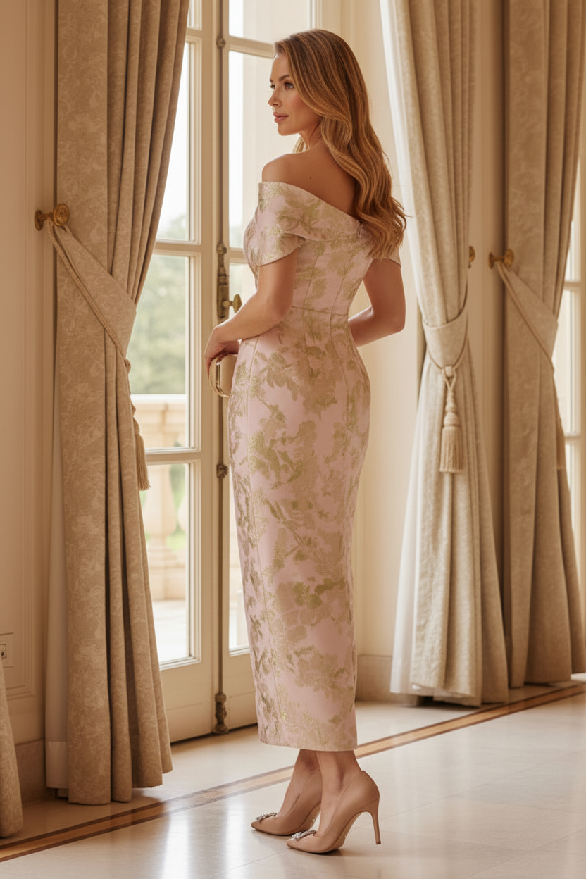 Off-Shoulder Floral Jacquard Midi Dress with Rosette Detail