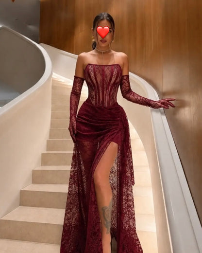 Lace Strapless Corset Gown with High Slit