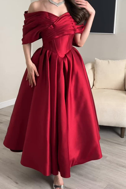 Off-the-Shoulder Corset Tea-Length Satin Dress