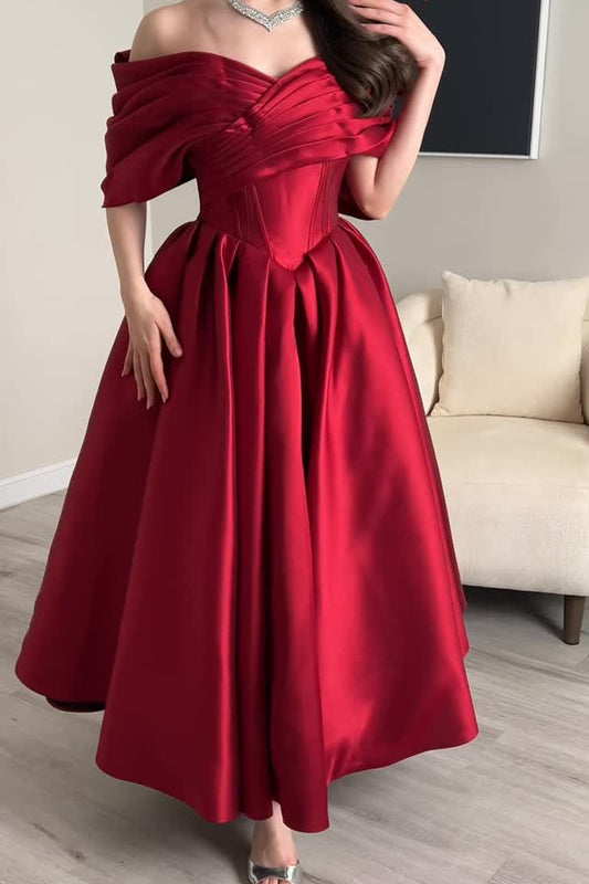 Off-the-Shoulder Corset Tea-Length Satin Dress