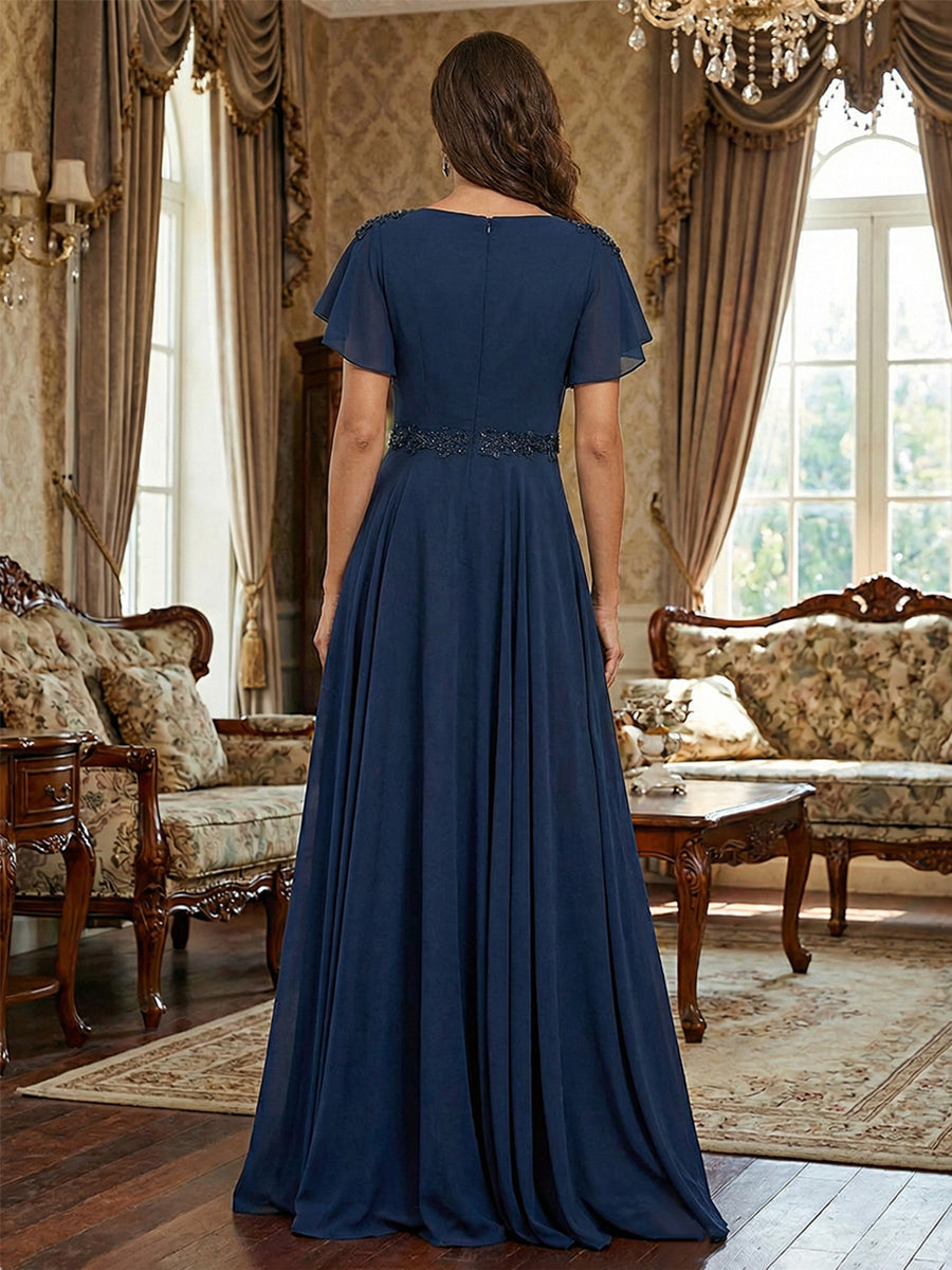 Elegant V-Neck Flutter Sleeve Chiffon Evening Dress
