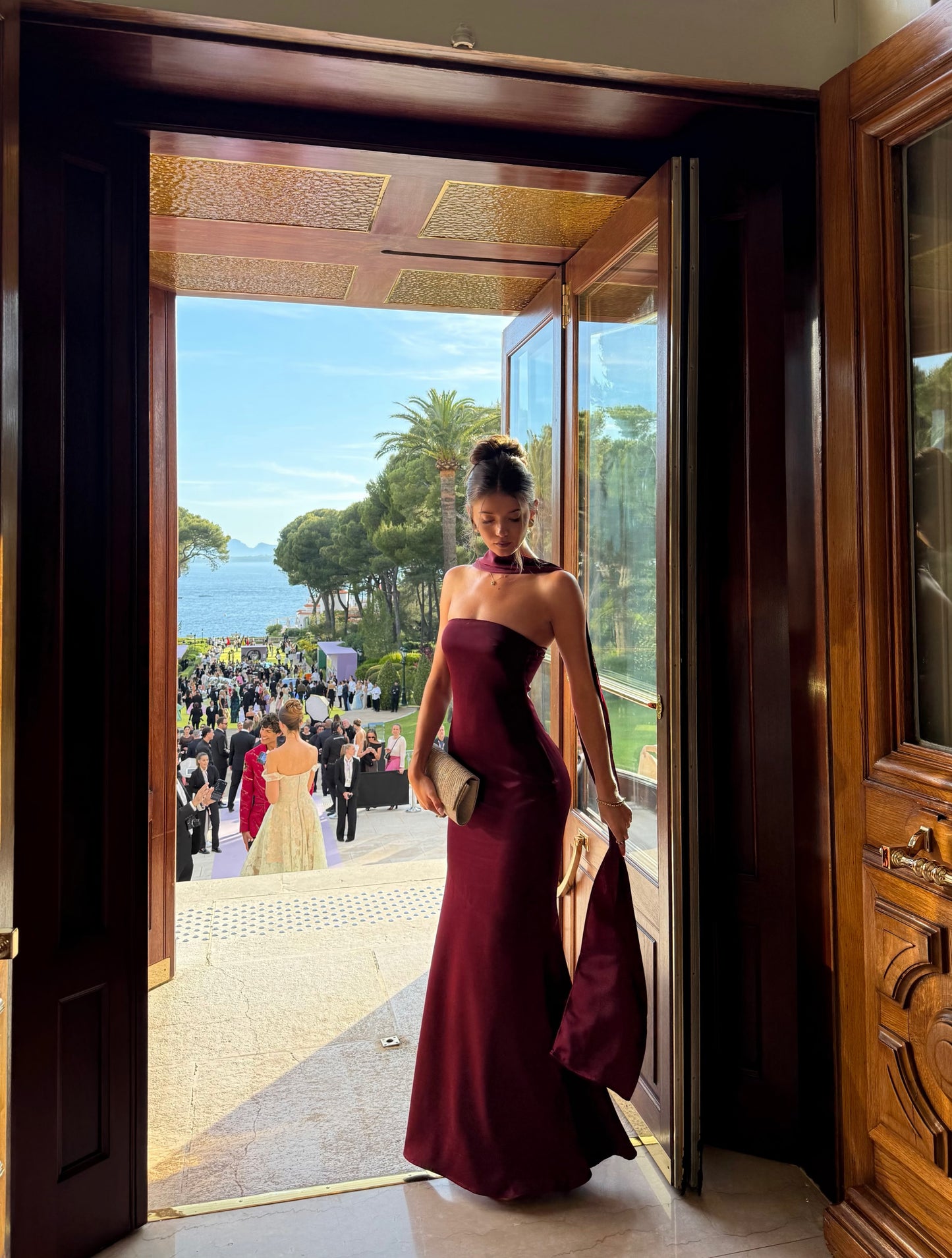 Strapless Satin Column Gown with Draped Scarf Train