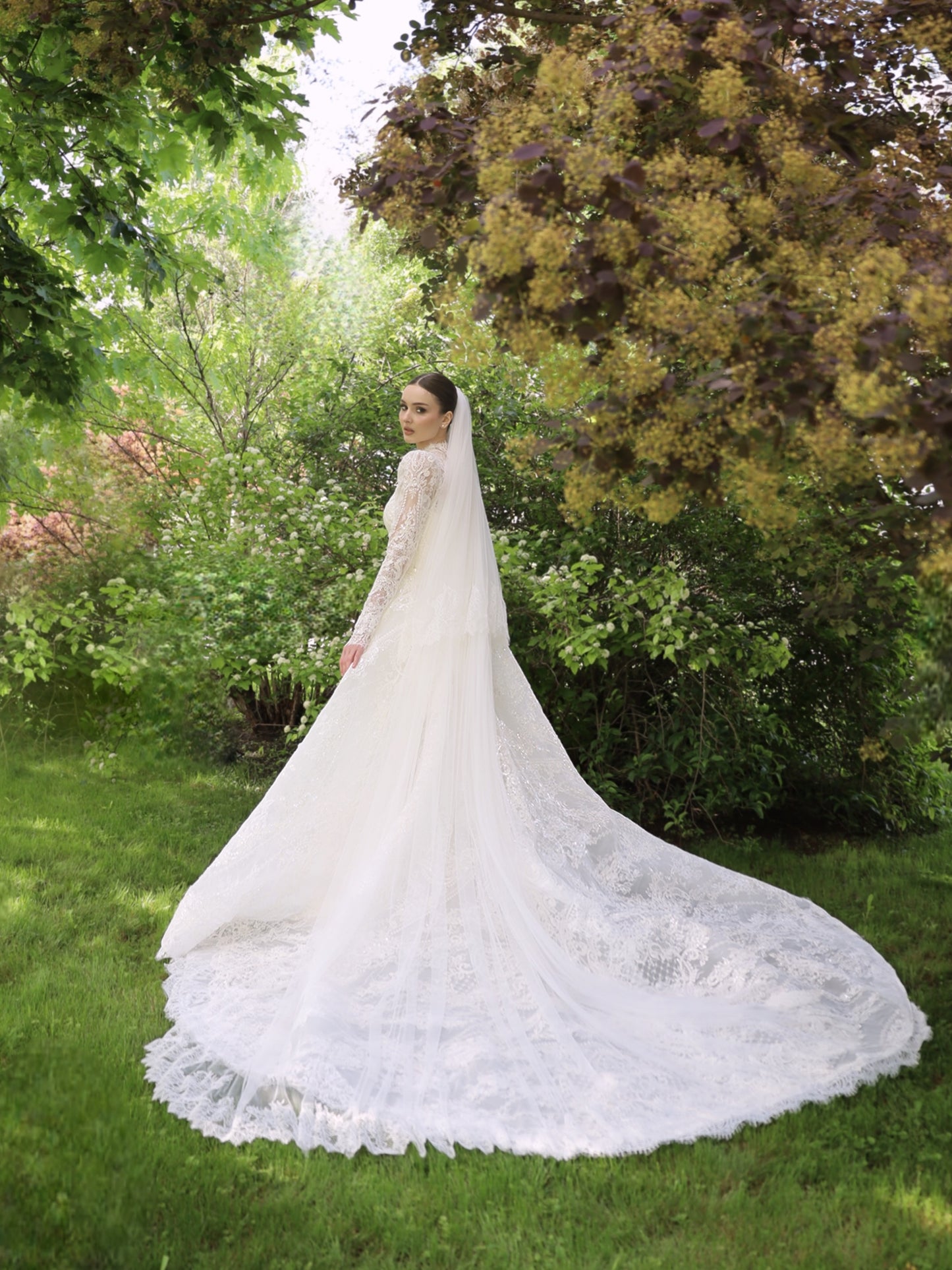 Illusion V-Neck Lace Wedding Dress with Cathedral Train