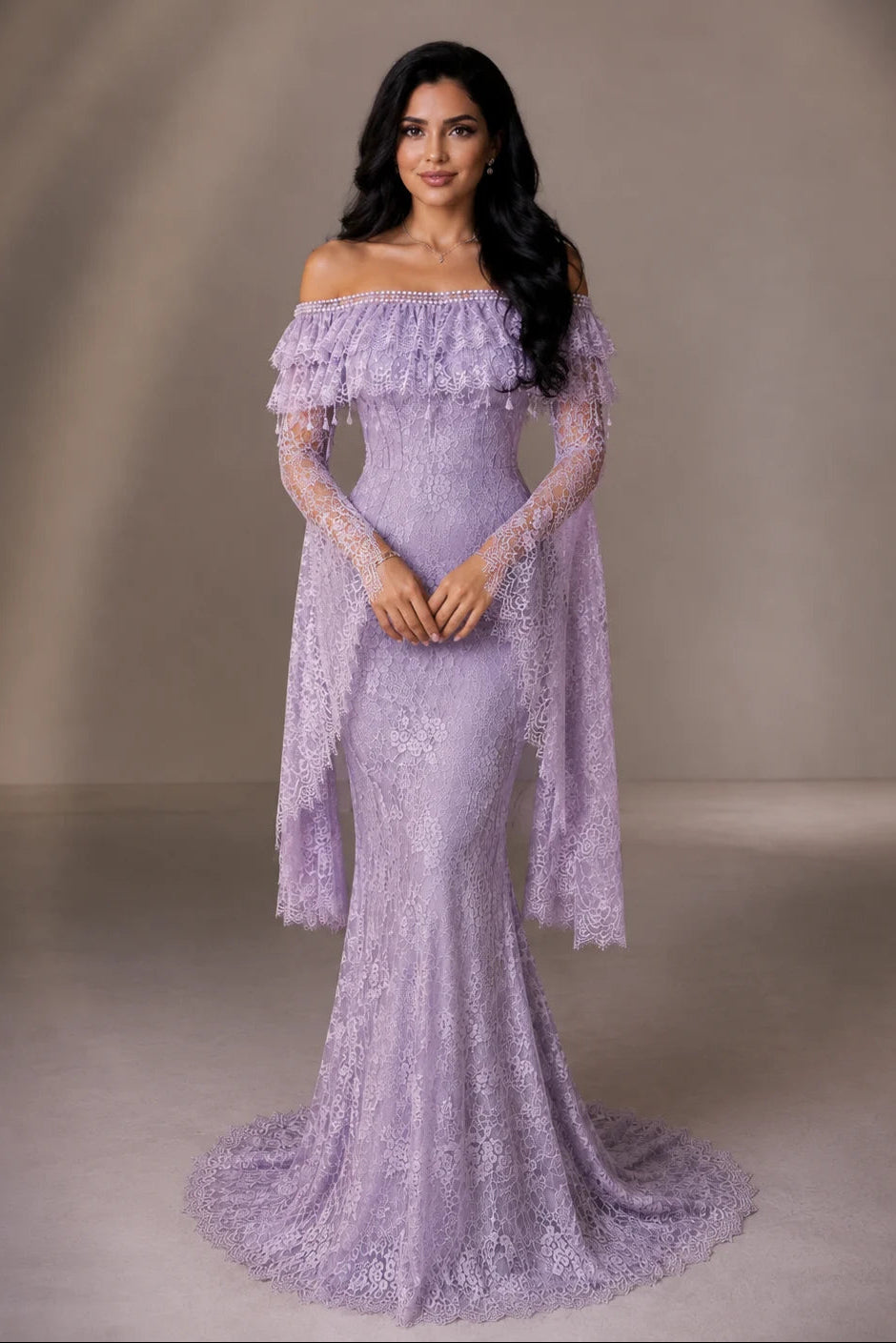 Off Shoulder Lace Bell Sleeve Mermaid Evening Gown