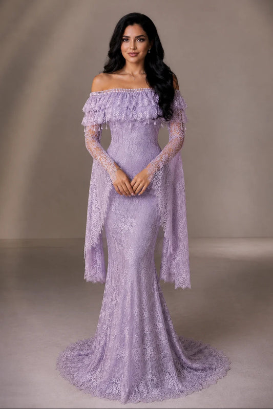 Off Shoulder Lace Bell Sleeve Mermaid Evening Gown