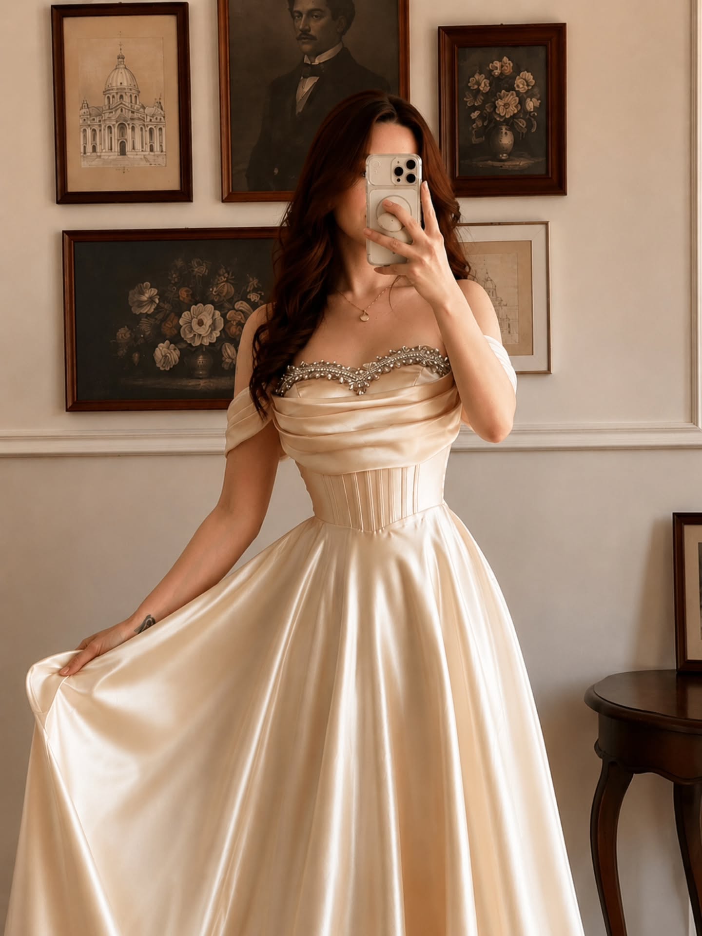 Beaded Off-the-Shoulder Satin Corset Gown